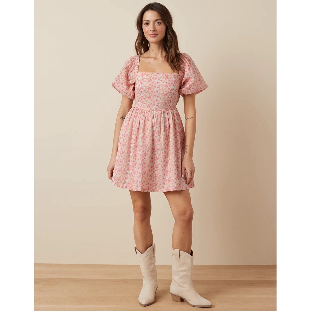 American Eagle Outfitters Floral Puff-Sleeve Mini Dress Size Medium Women's Pink